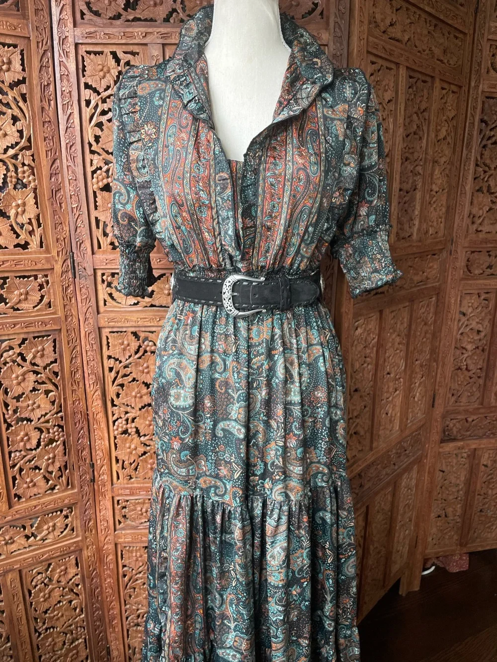 Vintage Boho Festival Western Paisley Tiered Ruffle Maxi Dress - Picture 2 of 16